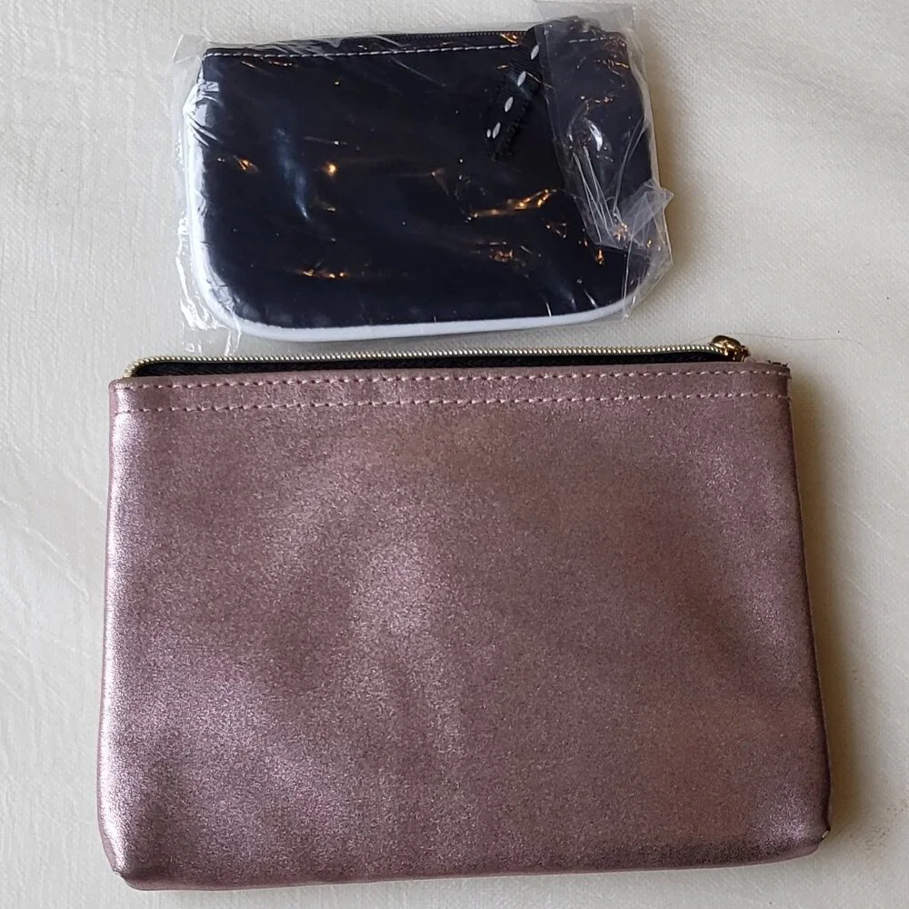 Lancôme Paris Makeup Bag Metallic Pink w Black Pouch Lot of 2